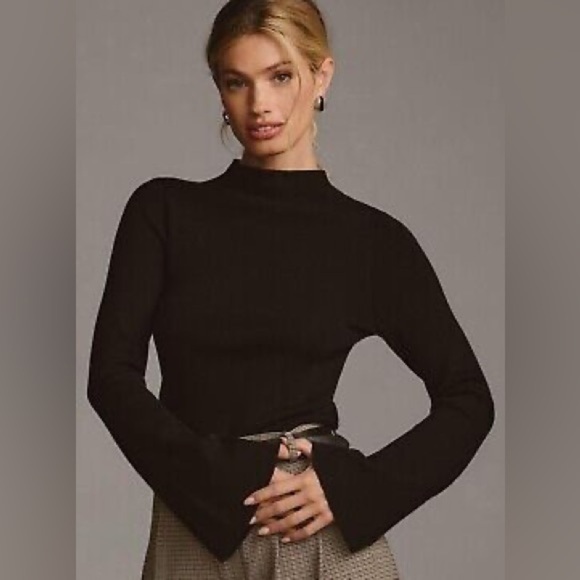 Maeve Arlowe Bell Sleeve Black Ribbed Knit Top XS - Picture 1 of 6